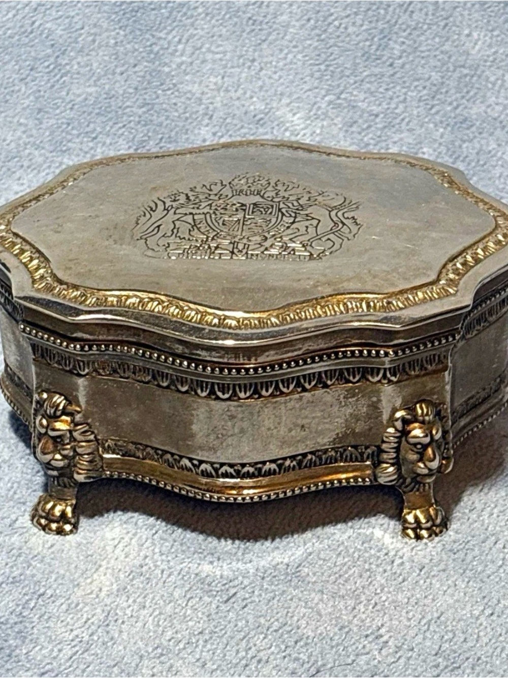 Ornate Silver-Tone Decorative Trinket Box with Lion Feet